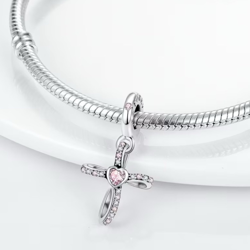 Sterling Silver 925 Pandora Cross Charm Pendant with Pink Heart & Gem Accents.